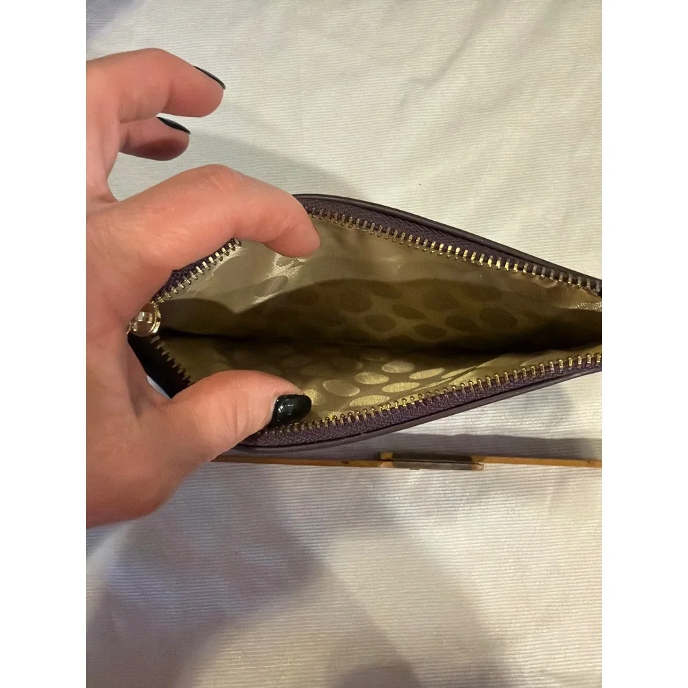 Kate Spade Purple Saffiano Leather Wristlet Pouch Gold Logo Zip Top Small Clutch